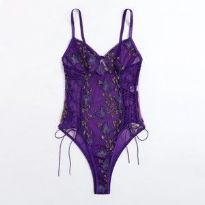 NWT Purple Embroidered Mesh Teddy Bodysuit